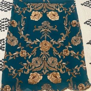 Elegant Floral Embroidered Skirt - Teal and Gold, knee length